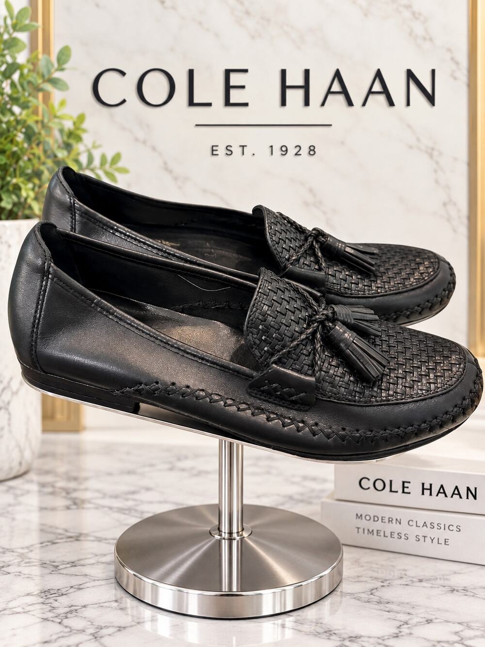 Vintage Cole Haan Country Black Woven Leather Tassel Loafers Size 7B